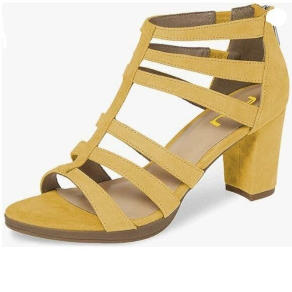 FSJ Women Chunky Mid High Heel Sandals Open Toe T-Strap Pumps Cutout  Yellow